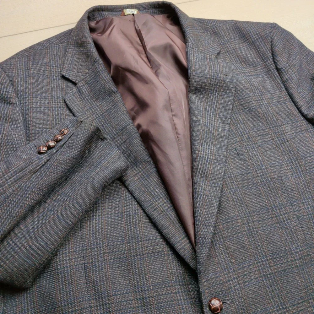 Oak Hill Sport Coat Blazer‎ Mens 54R Glen Plaid Blue Brown Two Button Windowpane